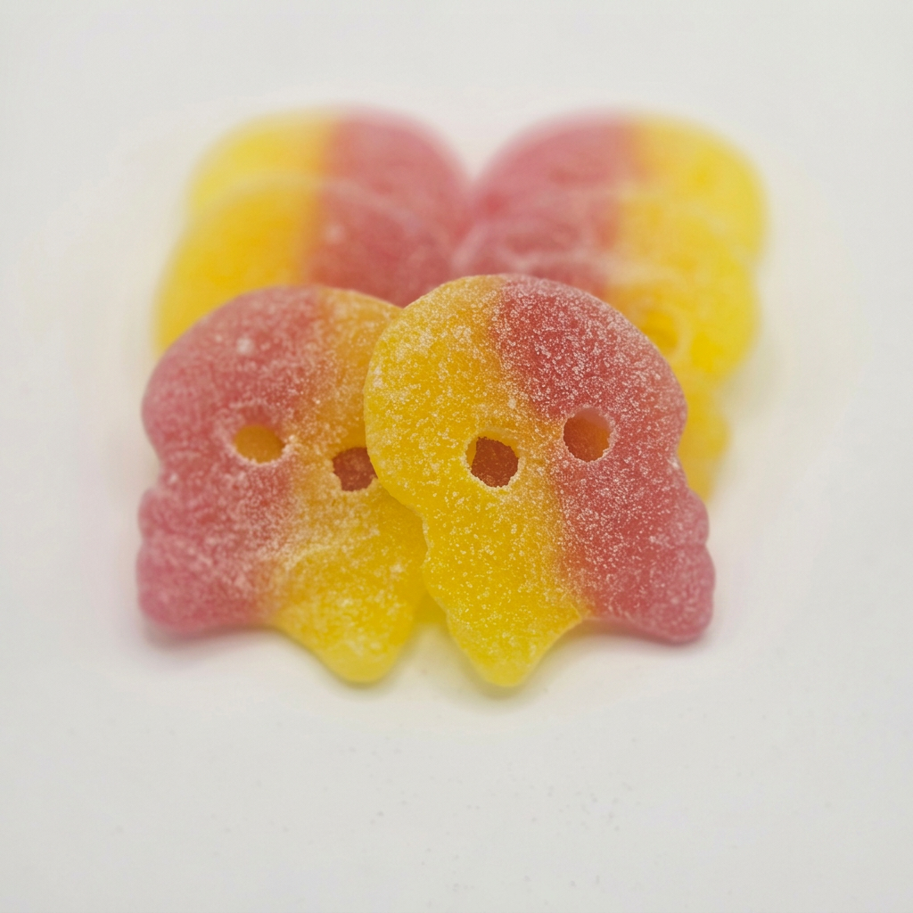 Three sugar skull-shaped gummy candies in a pink and yellow gradient, arranged on a white background with a D&G Sweetzone logo in the bottom right corner.