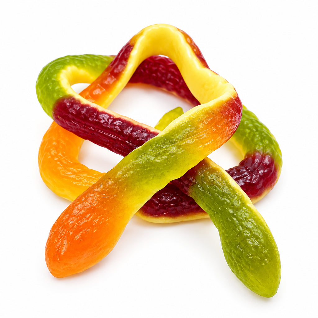 A coiled piece of gummy candy with a color-changing gradient from yellow and orange to dark purple, photographed on a plain white background. The brand name 'D&G SWEETZONE' is visible in the top left corner.