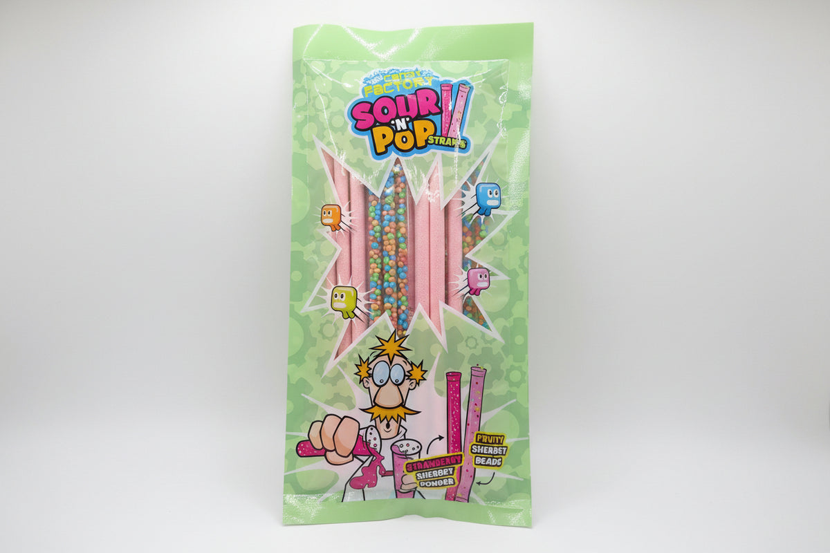A package of Sour N Pop! Straws candy by Sweetzone, featuring a light green background with pink cartoon characters and colorful multicolored candy straws visible through a starburst graphic.