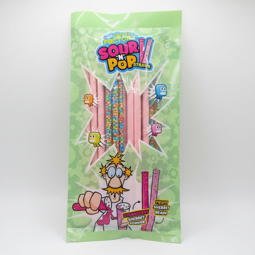 Crazy Candy Factory Sour n Pop Straws in a green packet with pink straws and multicoloured candy beads visible through the window.
