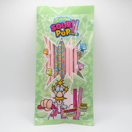 A package of Sour N Pop! Straws candy by Sweetzone, featuring a light green background with pink cartoon characters and colorful multicolored candy straws visible through a starburst graphic.
