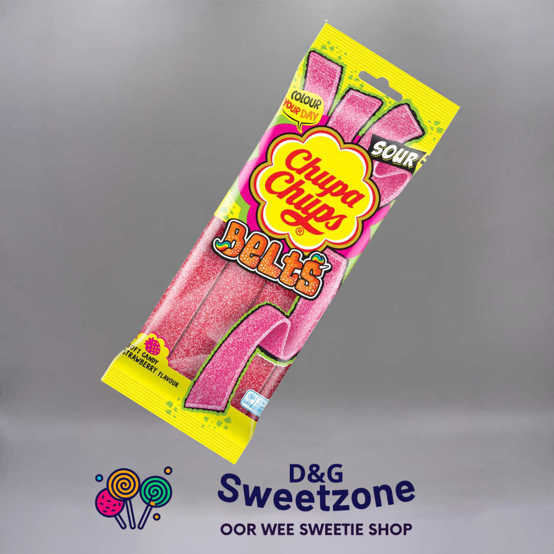 Chupa Chups Sour Strawberry Belts – sour strawberry flavour chewy candy belts at D&G Sweetzone, Stirling