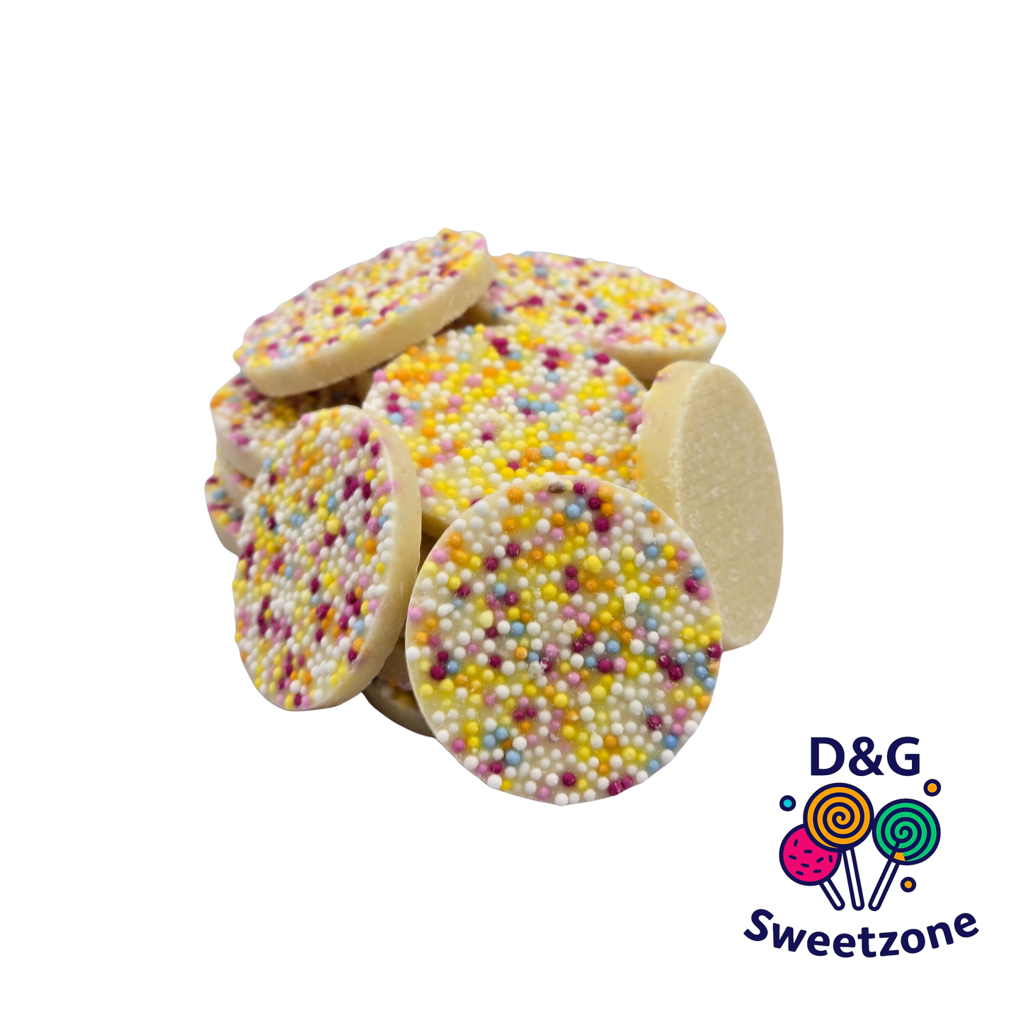 Hannah's Mega Snowies - white chocolate flavour candy discs with colourful sprinkles