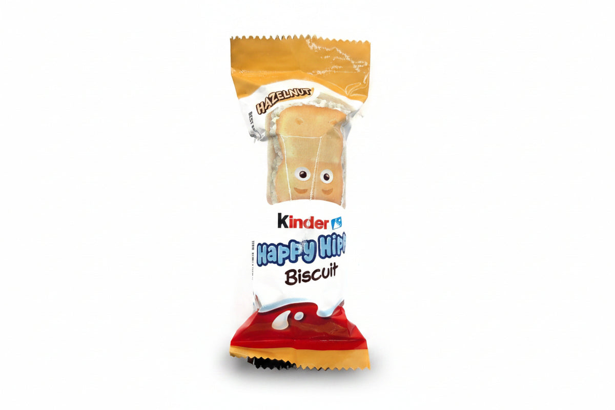 Kinder Happy Hip Biscuit in a hazelnut-flavored wrapper, featuring a cartoon biscuit character with eyes and a smiley face on a white background.