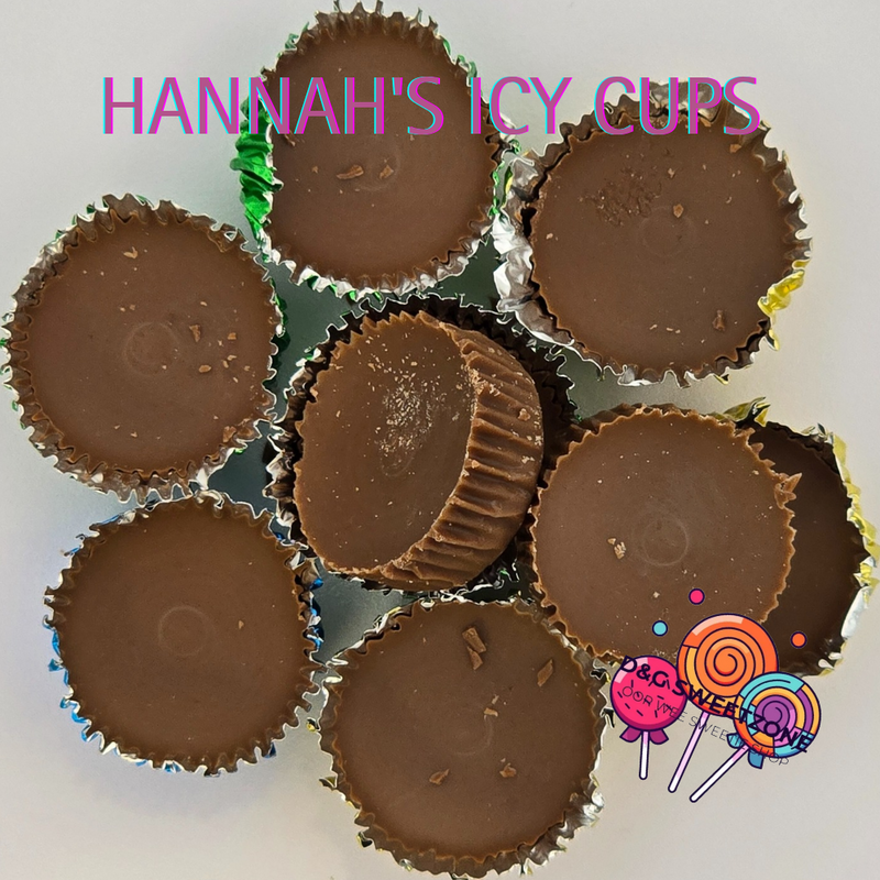 "Hannah's chocolate cup candies with white icy coating and chocolate filling"