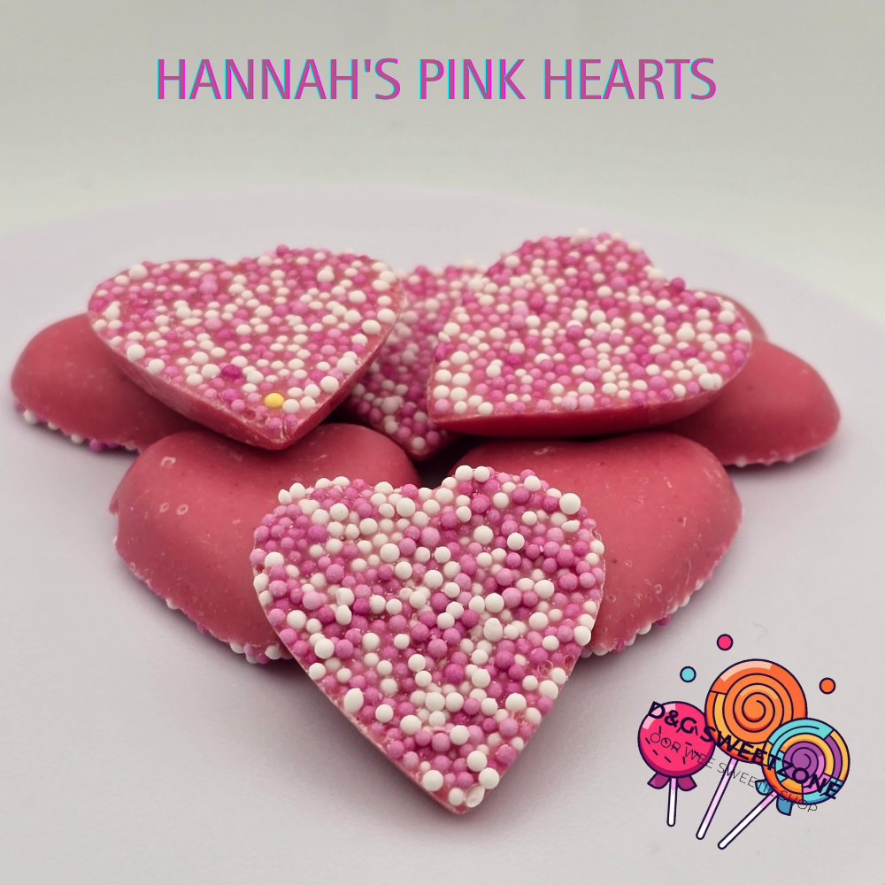 Hannah's Pink Hearts – Strawberry-flavoured candy chocolate hearts topped with pink sprinkles.