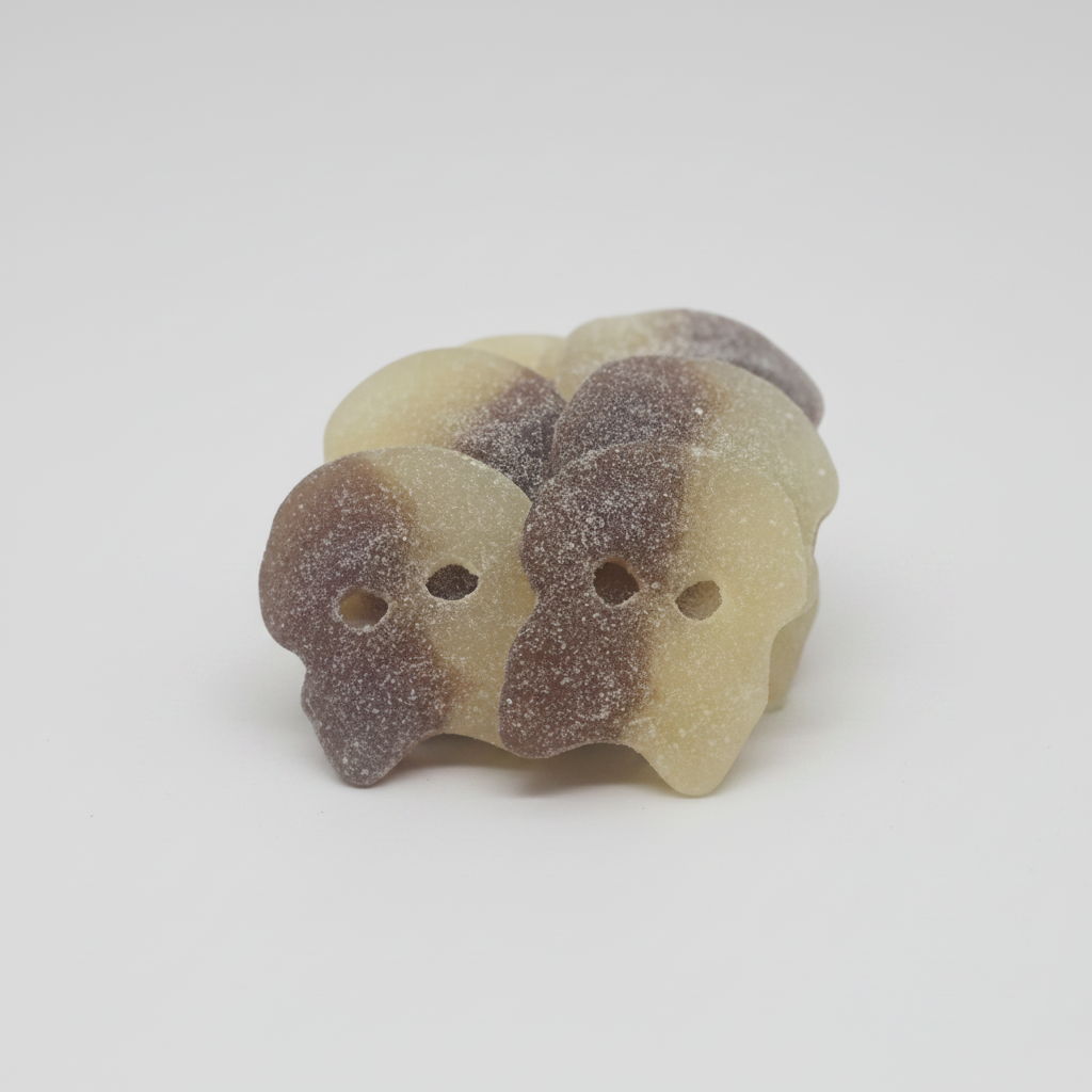 skull-shaped candy charms with eye holes, featuring a dual-tone color scheme of dark chocolate brown and pale cream with a sugar-dusted finish, arranged on a plain white background.