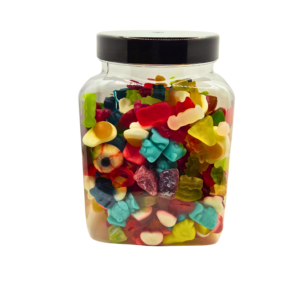 A clear plastic jar filled with assorted colorful gummy candies, topped with a black lid, photographed on a plain white background.