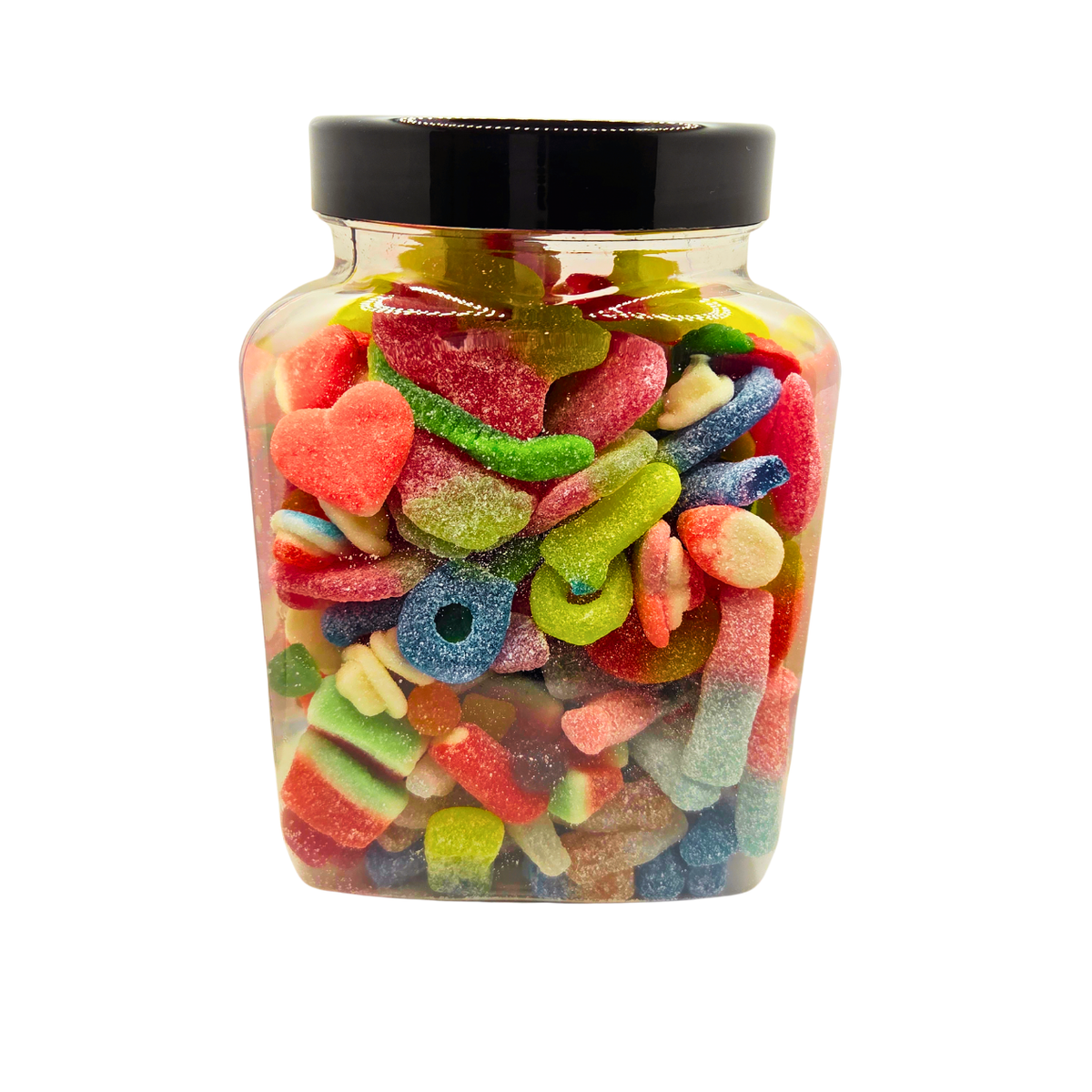 A clear glass jar filled with assorted colorful sour gummy candies, sealed with a black screw-top lid, on a plain white background.