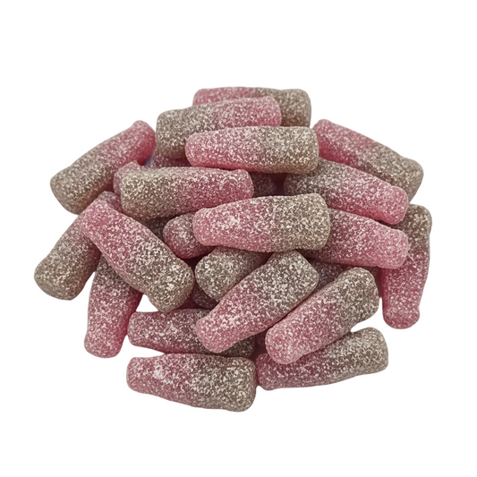 A pile of D&G Sweetzone sour gummy candies coated in pink and beige sugar, arranged on a plain white background with a brand logo in the bottom-left corner.