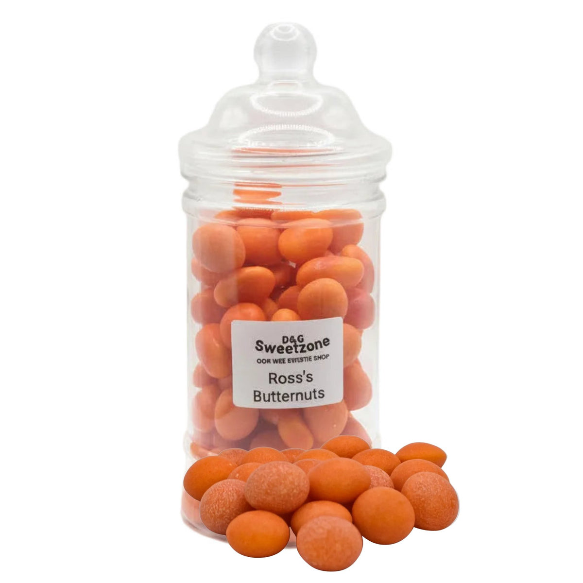 A clear glass jar with a lid containing orange butternut candies, labeled 'D&G Sweetzone' and 'Rosss Butternuts', on a white background.