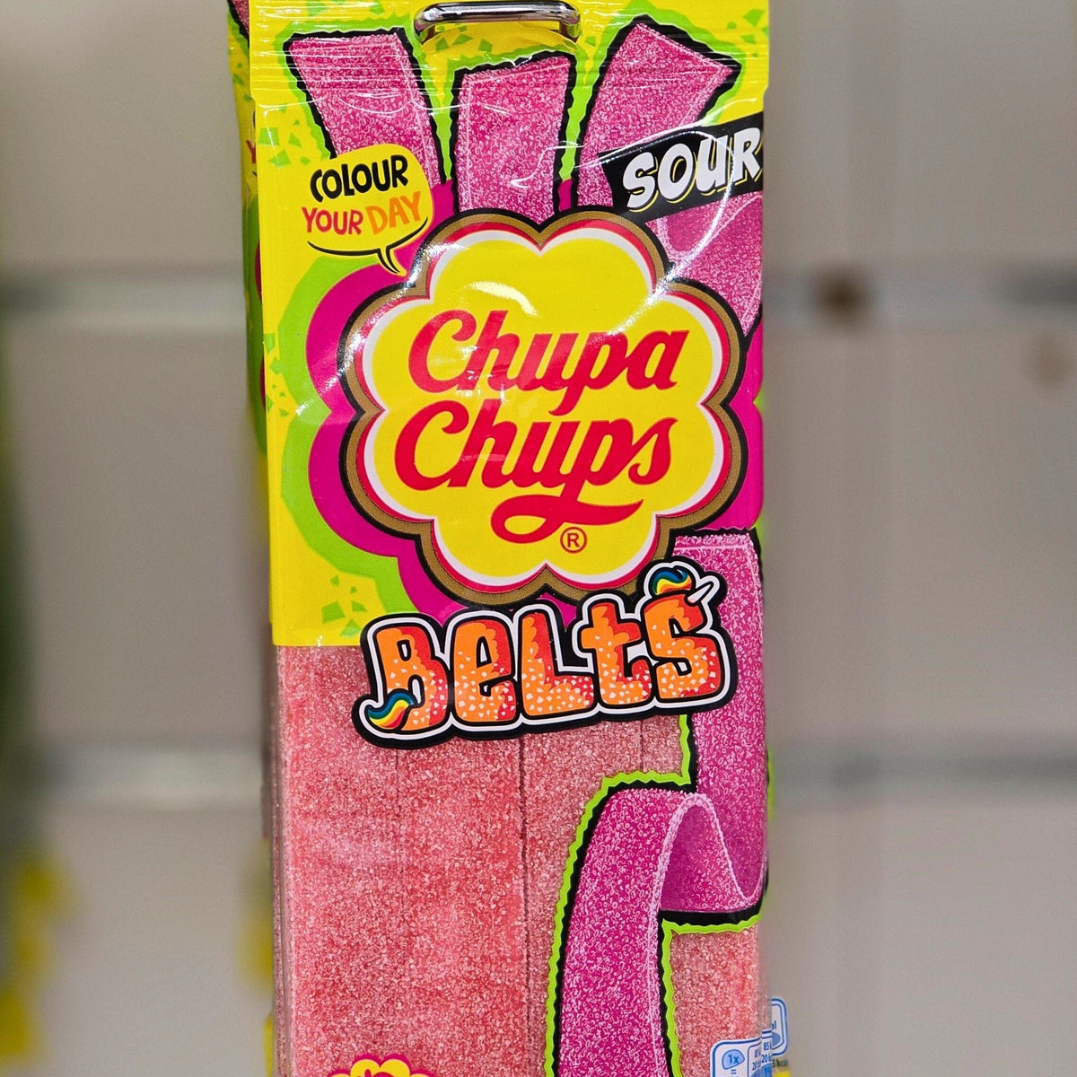 Chupa Chups Sour Strawberry Belts 90g - Strawberry flavoured soft candy belts coated in sour sugar. Stretch, bite, and unroll the fun!