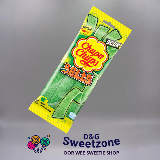 Chupa Chups Sour Apple Belts – sour apple flavour chewy candy belts at D&G Sweetzone, Stirling
