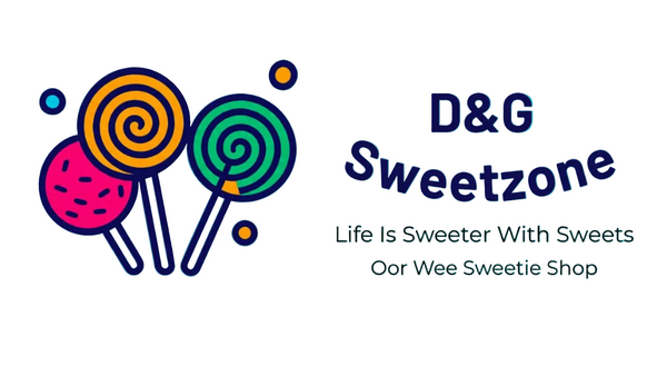 A digital graphic logo for 'D&G Sweetzone' featuring three colorful lollipops on the left and stylized text on the right on a plain white background.