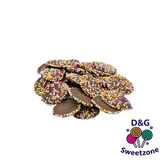 Hannah's Chocolate Jazzies - chocolate flavoured candy discs with colourful sprinkles
