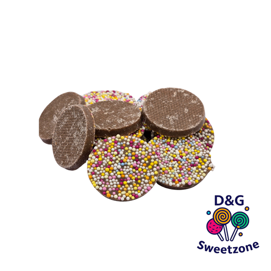 Hannah's Mega Jazzies - large chocolate flavoured candy discs with colourful sprinkles
