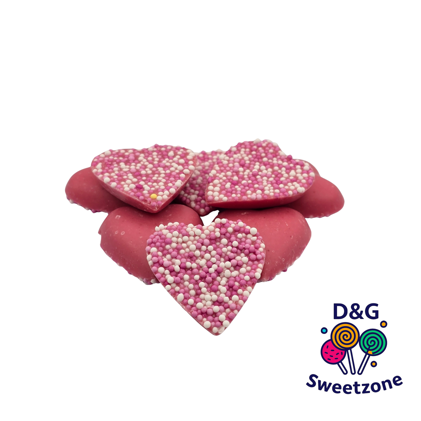 Hannah's Pink Hearts - heart shaped sweets with strawberry flavour and pink sprinkle topping

