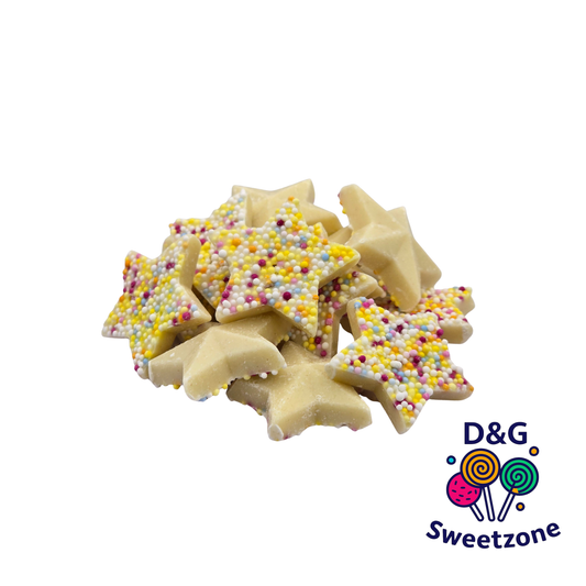 Hannah's White Chocolate Snowie Stars - white chocolate flavour star shaped sweets with sprinkles
