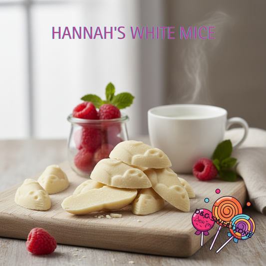 Hannah's White Mice – traditional British foam gummy sweets shaped like mice with raspberry flavour
