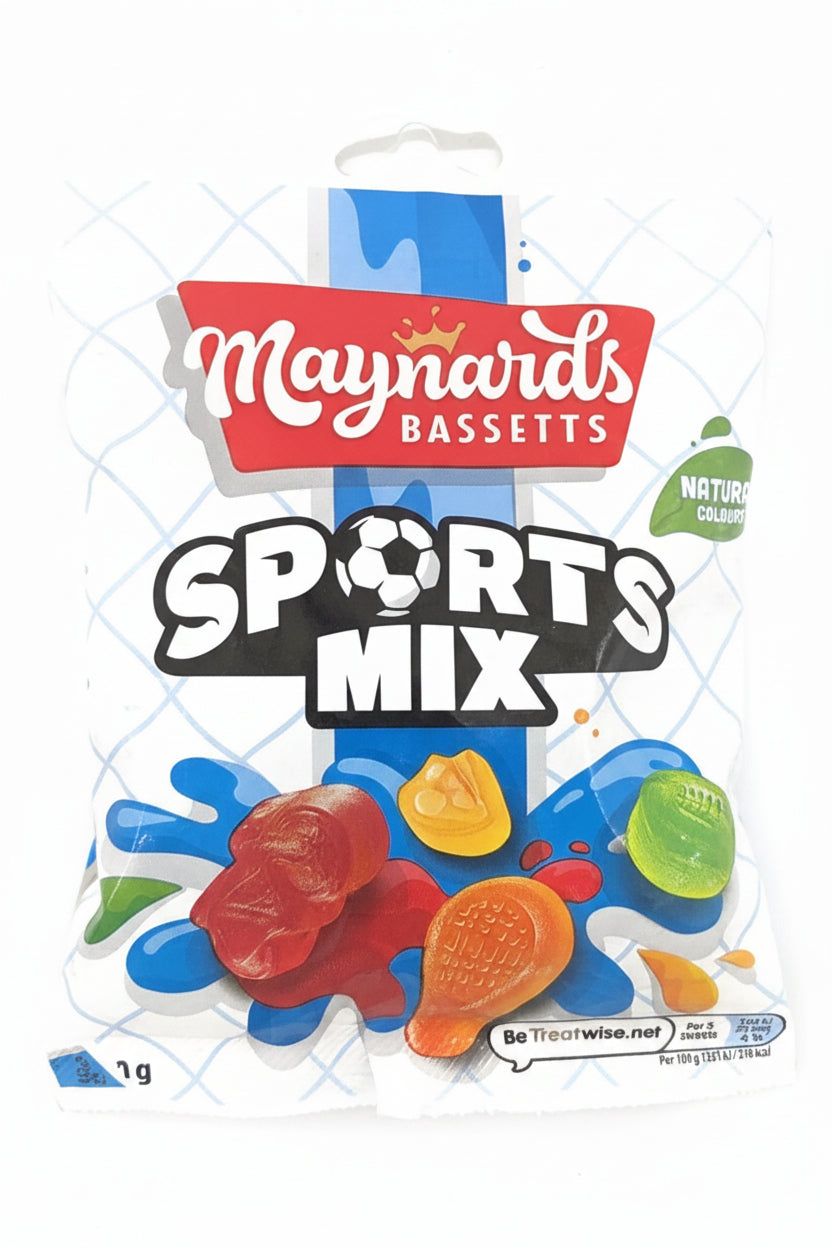 A 1g bag of Maynards Bassetts Sports Mix gummy candy. The packaging is white with a blue soccer pattern, featuring the red and white Maynards Bassetts logo, a yellow price sticker showing '£1.