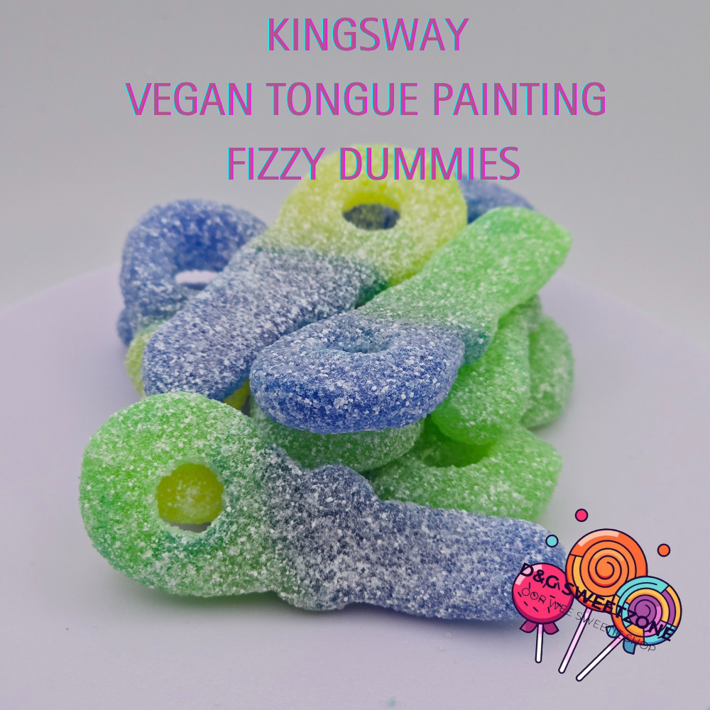 Kingsway Vegan Tongue Painting Fizzy Dummies – Bubblegum-flavoured jelly sweets with a fizzy sour coating that colours your tongue.