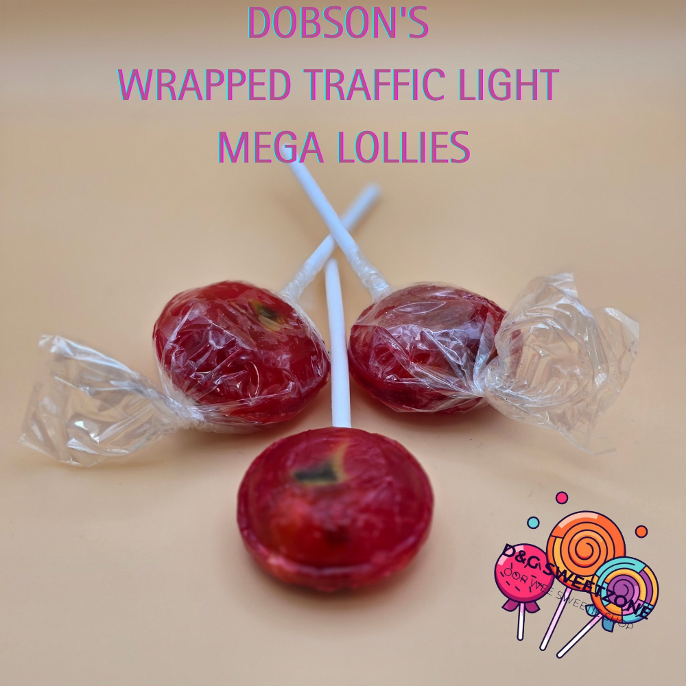 Dobsons Wrapped Traffic Light Mega Lollies – Classic layered lollipops with bold fruit flavours and vibrant colours.