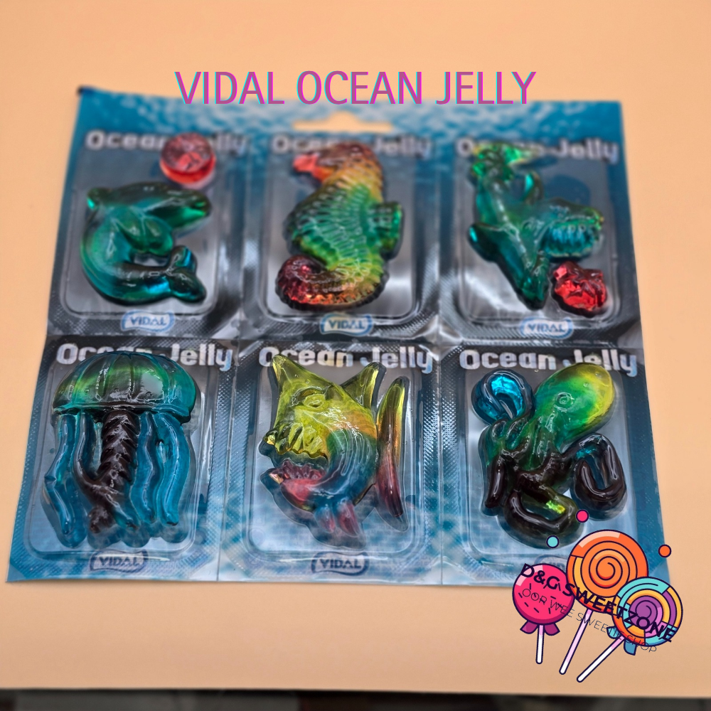 Vidal Ocean Jellies 11g pack of 6 - Assorted fruit flavoured jelly sweets in fun sea-themed shapes. Individually packed and halal-friendly.