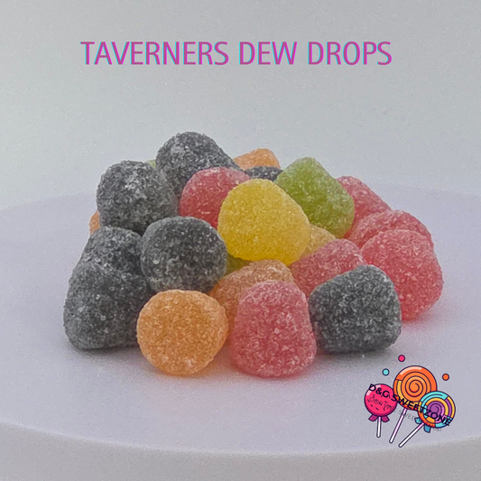 Taveners Dew Drops – Sugar-coated fruit-flavoured jelly sweets in assorted colours and flavours.