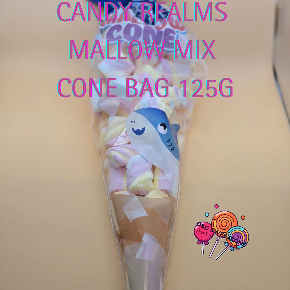 Candy Realms Mallow Mix Cone Bag 125g – A colourful mix of soft vanilla-flavoured marshmallows in a fun cone-shaped bag.