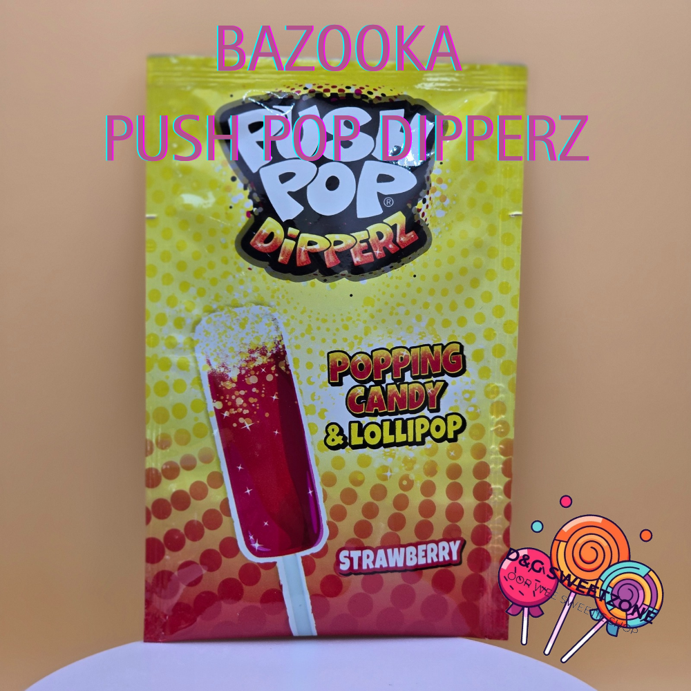 Bazooka Push Pop Dipperz 12g - Strawberry lollipop with lemon popping candy