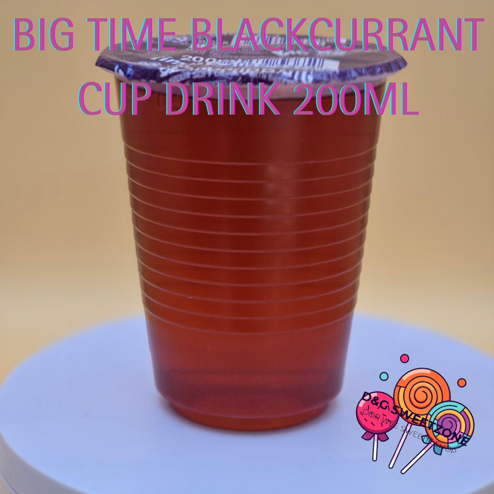 Big Time Blackcurrant Cup Drink 200ml - Sugar-free blackcurrant-flavoured soft drink with sweeteners and vibrant colour.