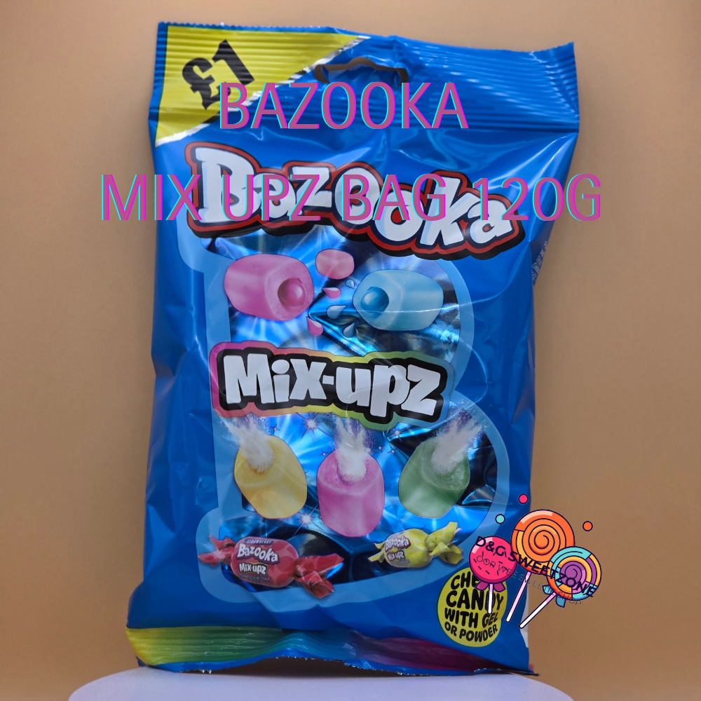 Bazooka Mix Upz Bag 120g - Fruit-flavoured chewy candies filled with sour powder and sweet gel
