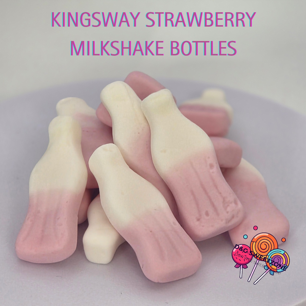 Kingsway Strawberry Milkshake Bottles – Creamy strawberry-flavoured jelly foam sweets shaped like milk bottles.