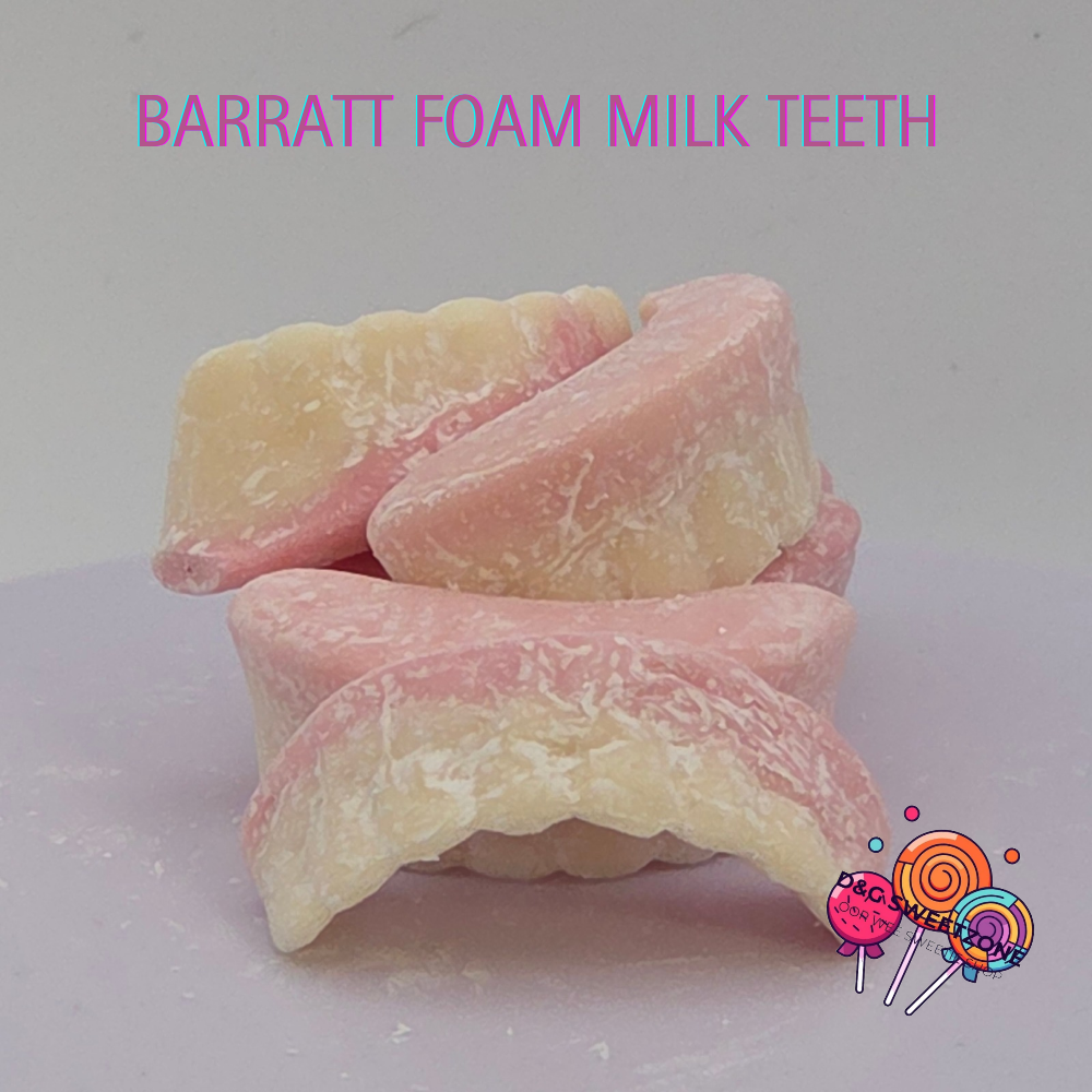 Barratt Foam Milk Teeth – Retro pink and white foam sweets with a strawberry and vanilla flavour.