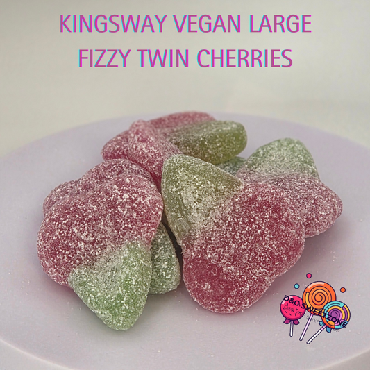 Kingsway Vegan Large Fizzy Twin Cherries – Fizzy cherry-flavoured jelly sweets shaped like twin cherries, coated in a tangy sugar dusting.