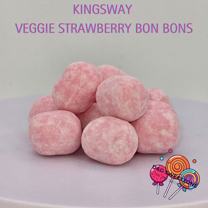 A pile of pink strawberry-flavored Kingsway Veggie Bon Bons on a light background, with the product name captioned on the image.