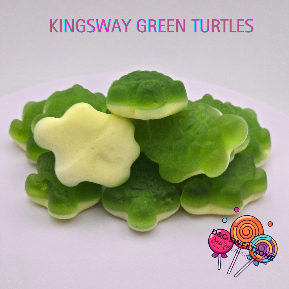 Kingsway Green Turtles – Bubblegum-flavoured jelly sweets shaped like turtles with a soft foam base.