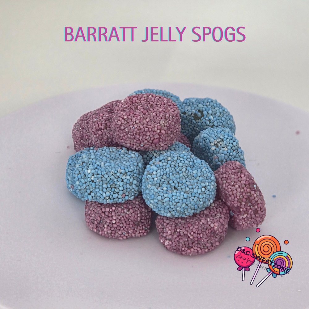 Barratt Jelly Spogs – Aniseed-flavoured jelly sweets with a crunchy sugar coating, formerly known as jelly buttons.
