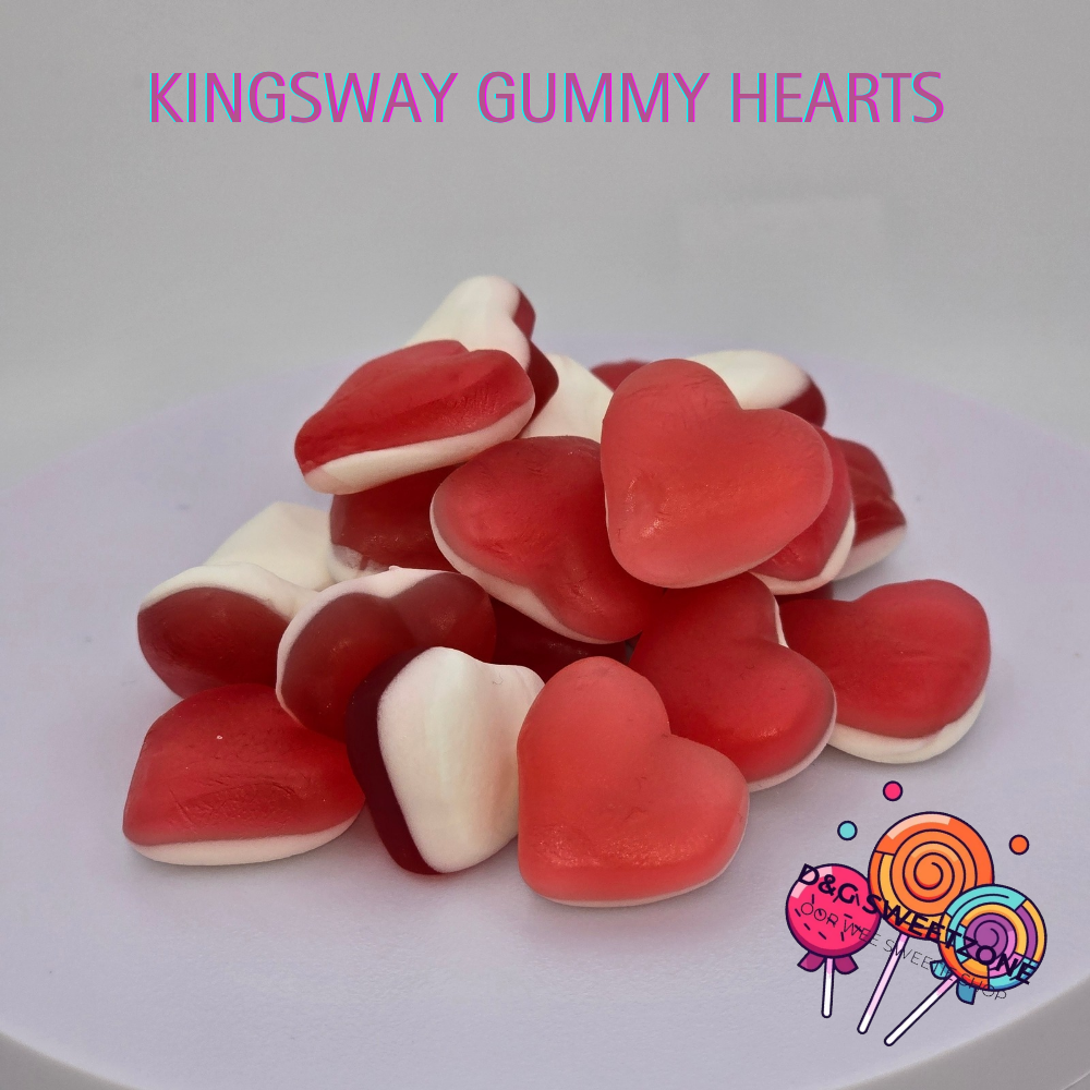 Kingsway Gummy Hearts – Strawberry-flavoured jelly sweets shaped like hearts with a soft foam base.