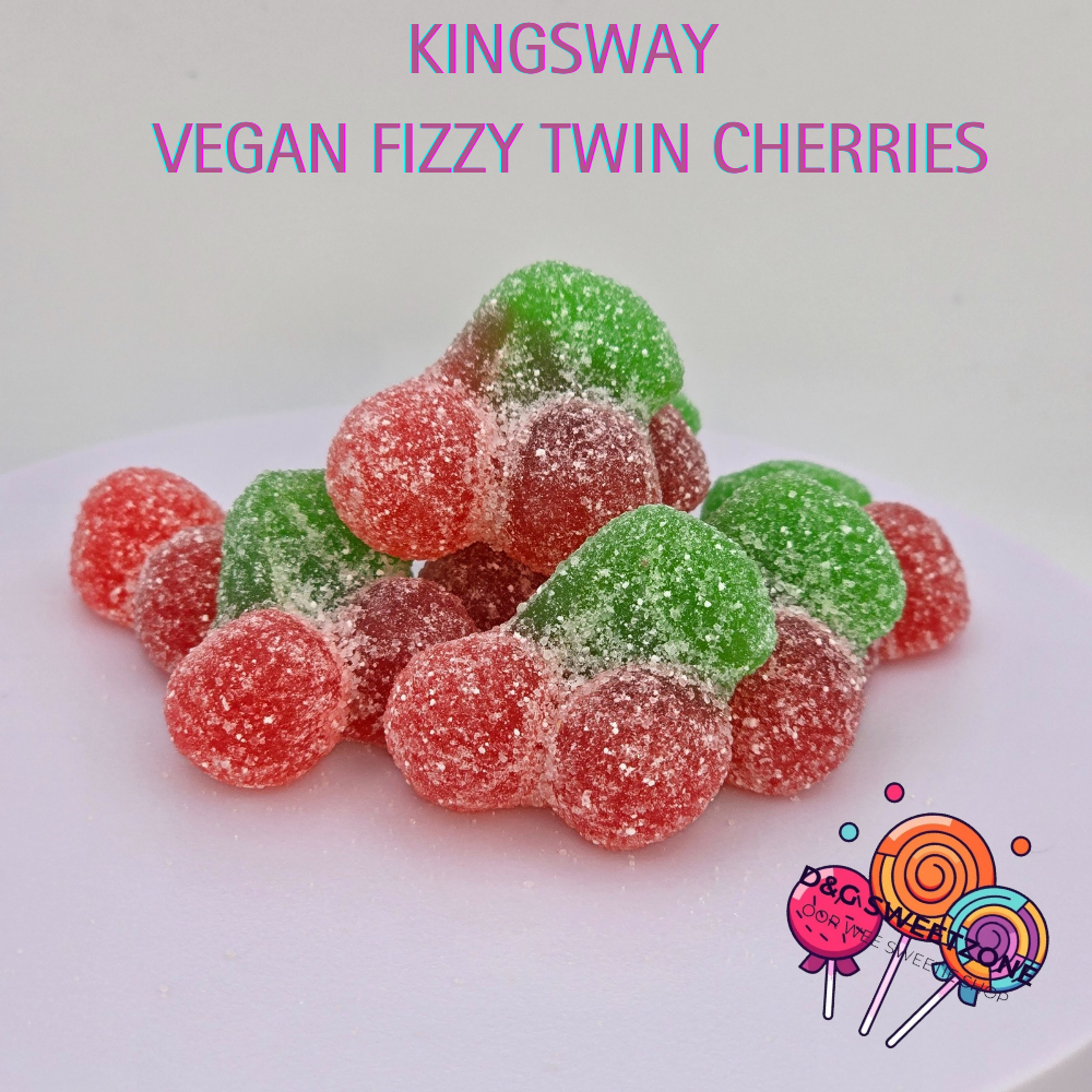 Kingsway Vegan Fizzy Twin Cherries - Cherry-flavoured jelly sweets shaped like twin cherries with a fizzy sugar coating.