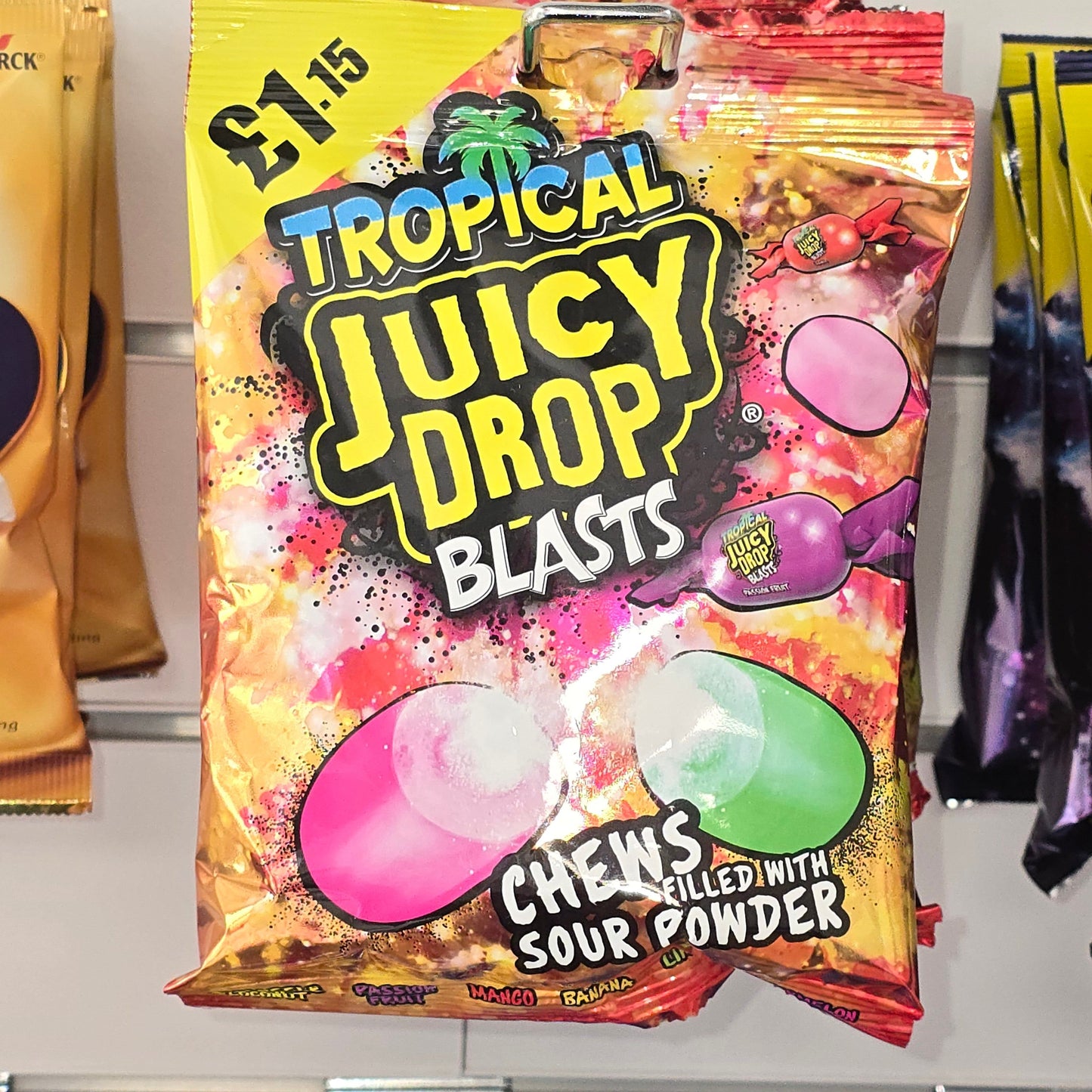 Bazooka Juicy Drop Blasts Tropical Bag 120g - Tropical fruit flavoured chewy sweets with a sour sugar filling.