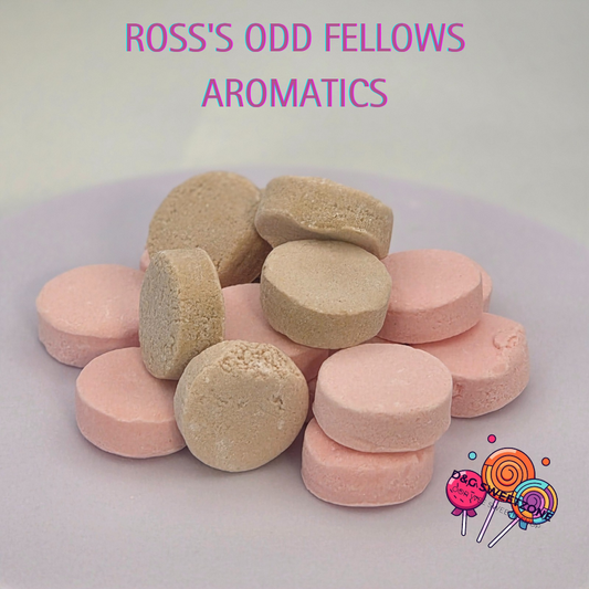 Ross's odd fellows Aromatics - Floral lozenge sweets with rose and violet flavours, in pink and beige colours.