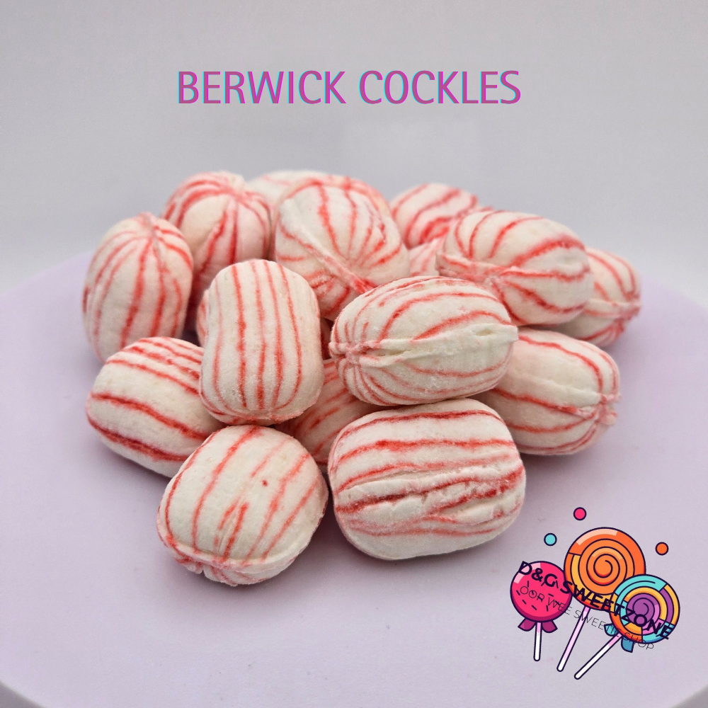 Gibb's Berwick Cockles – Traditional pink and white striped mint sweets with a soft, crumbly texture.