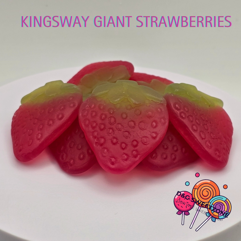 "Oversized strawberry-shaped gummy sweets with red textured surface by Kingsway"