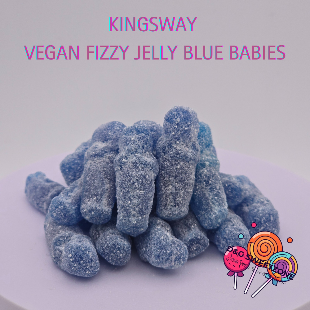 Kingsway Vegan Jelly Blue Babies – Sour blue raspberry-flavoured jelly sweets shaped like baby figures.