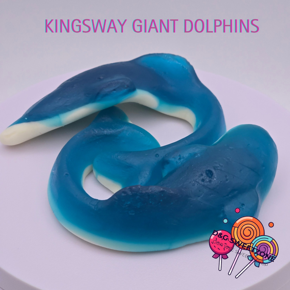 Kingsway Giant Dolphins - Blue raspberry-flavoured jelly sweets shaped like dolphins with a soft foam base.