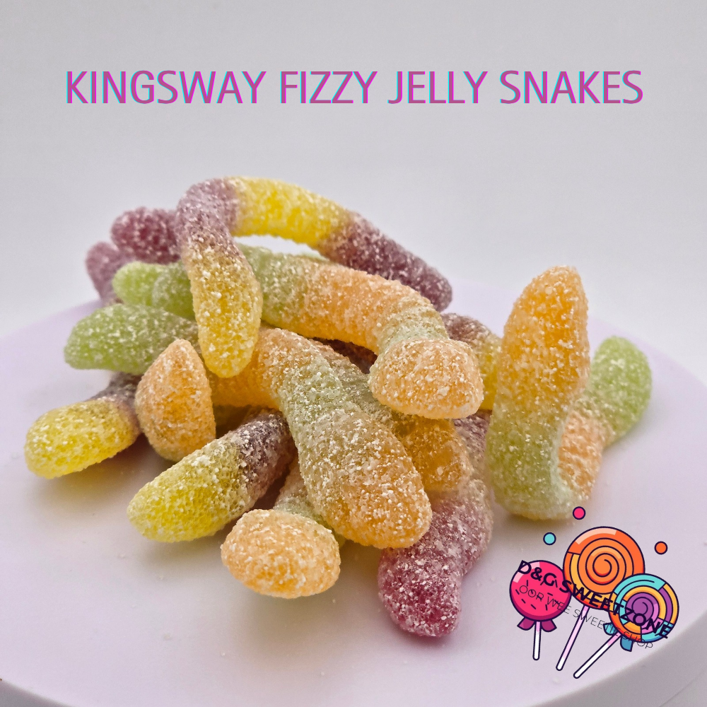Kingsway Fizzy Jelly Snakes - Fruity jelly sweets shaped like snakes with a fizzy sugar coating.
